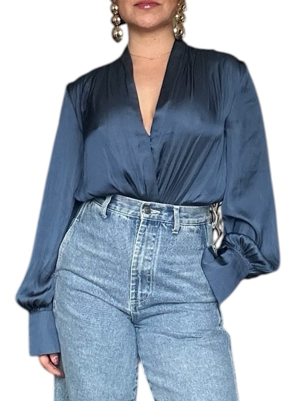 Dynamite Satin Bodysuit Blouse Blue Draped Plunge Neck Long sleeve - S